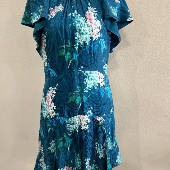 REBECCA TAYLOR Hydrangea Floral Silk Teal Shift Mini Dress Sz 8 MSRP $395 Party - Picture 2 of 14